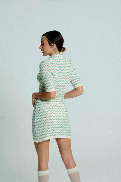 Light Weight Short Sleeve Button Up Cotton Knit Tennis Dress Green