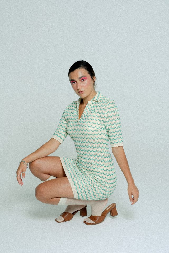 Light Weight Short Sleeve Button Up Cotton Knit Tennis Dress Green