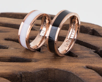 Rose Gold Couple Rings Black and White Personalized Couple Gift,